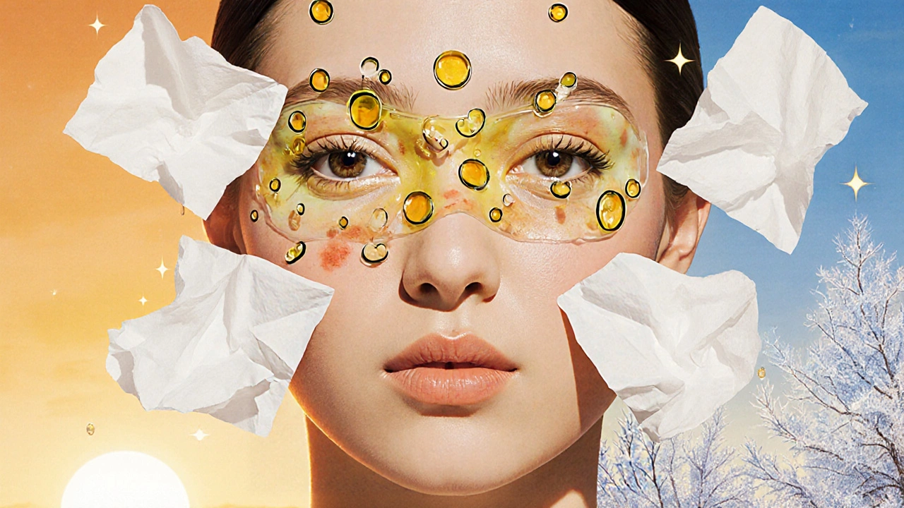 Un volto stilizzato con gocce d&#039;olio che emergono dalle profondità della pelle, circondato da carta assorbente fluttuante.