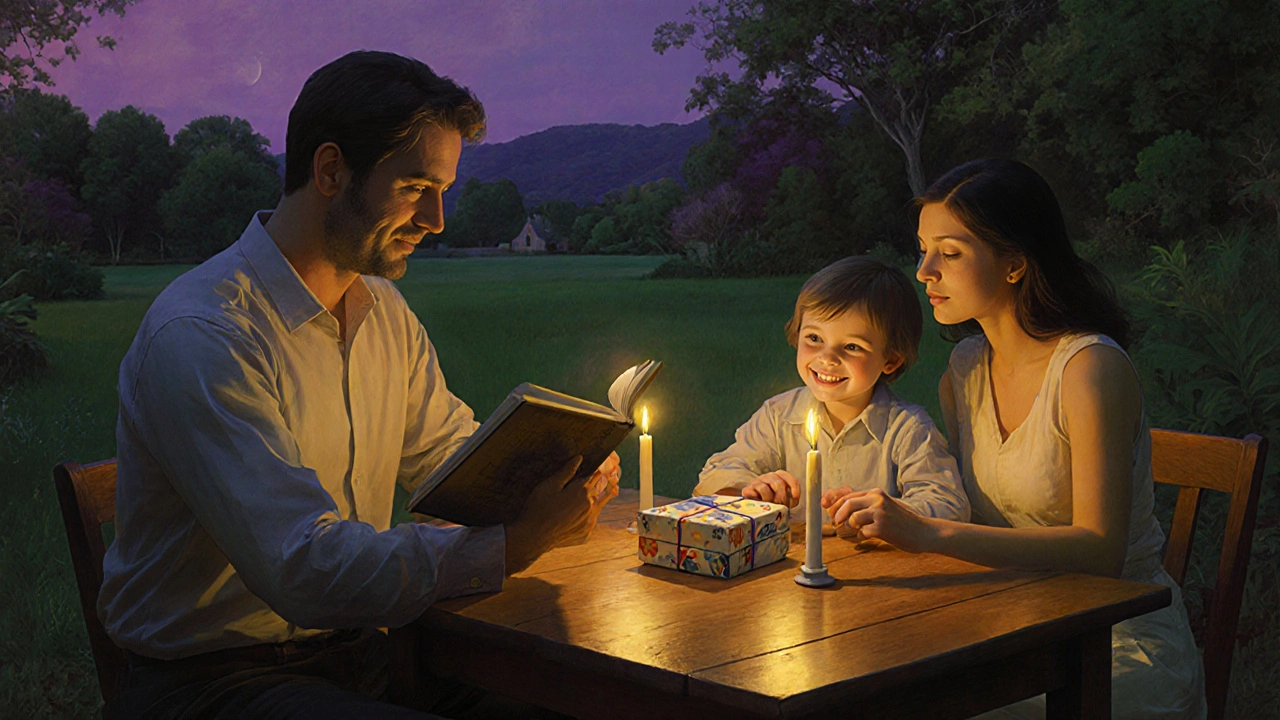 Una famiglia legge insieme al tavolo, con un puzzle come premio non alimentare e luce calda.