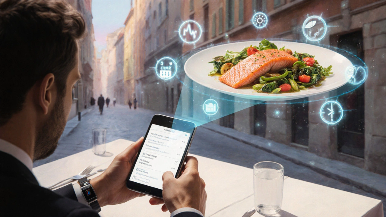 Uomo che riceve suggerimenti nutrizionali personalizzati sul suo orologio intelligente, mentre un piatto olografico si materializza davanti a lui in un contesto urbano.