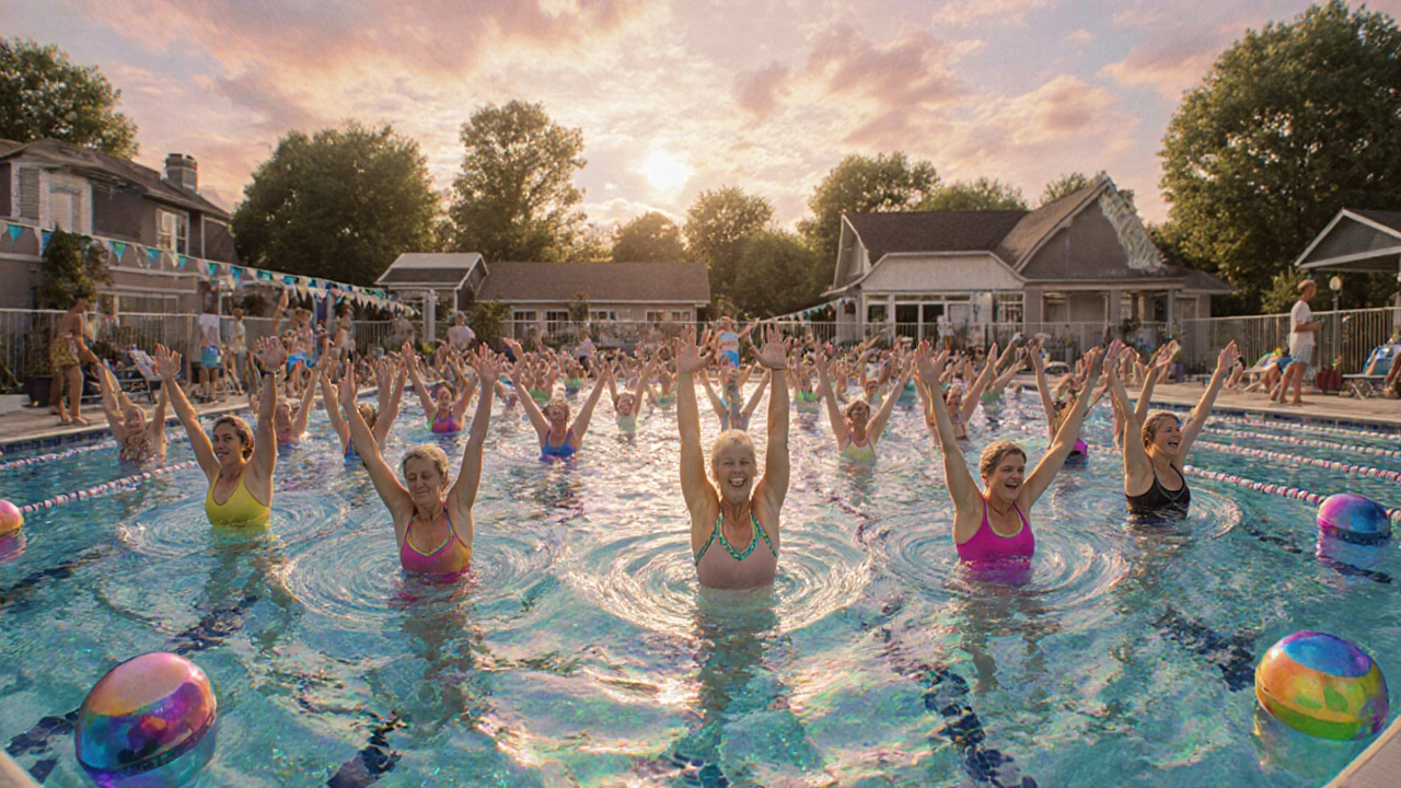 Vista panoramica di una piscina comunitaria al mattino, con persone di tutte le età che si allenano insieme.