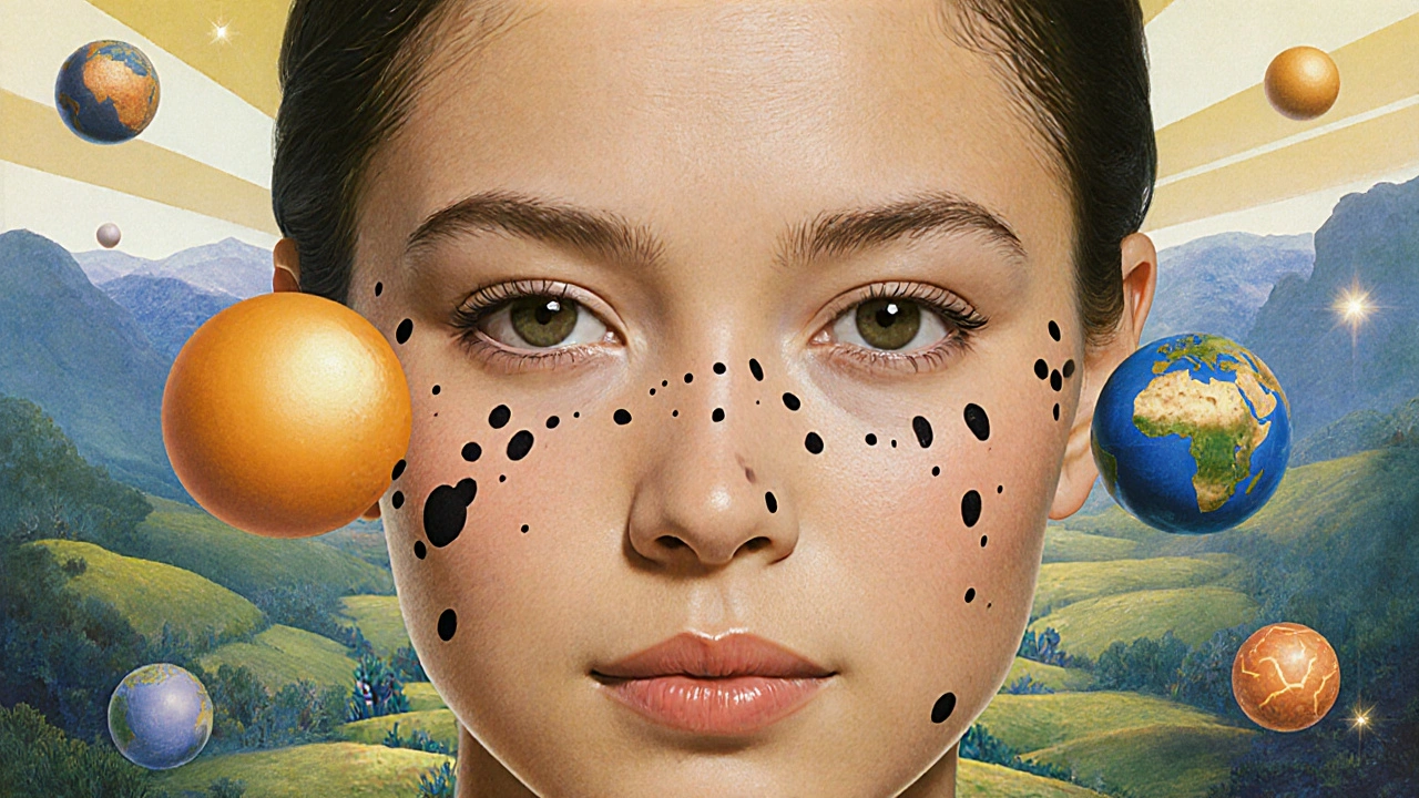 Volto femminile rappresentato come paesaggio, con segni di fotoinvecchiamento e ingredienti attivi fluttuanti in luce dorata.