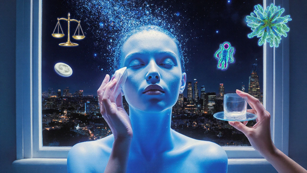 Volto illuminato di notte con particelle di retinolo che fluttuano come stelle, in un&#039;atmosfera lunare.