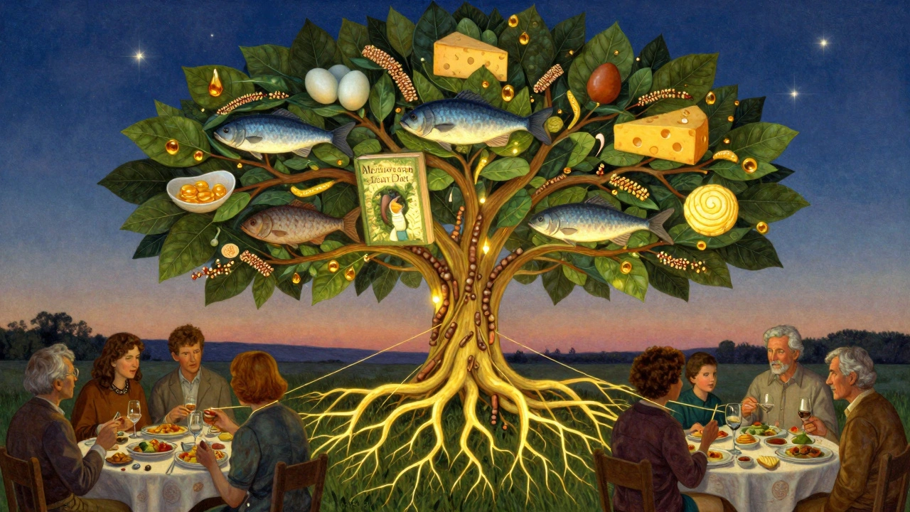 Albero simbolico con radici di legumi e frutti di proteine animali, circondato da persone che mangiano.