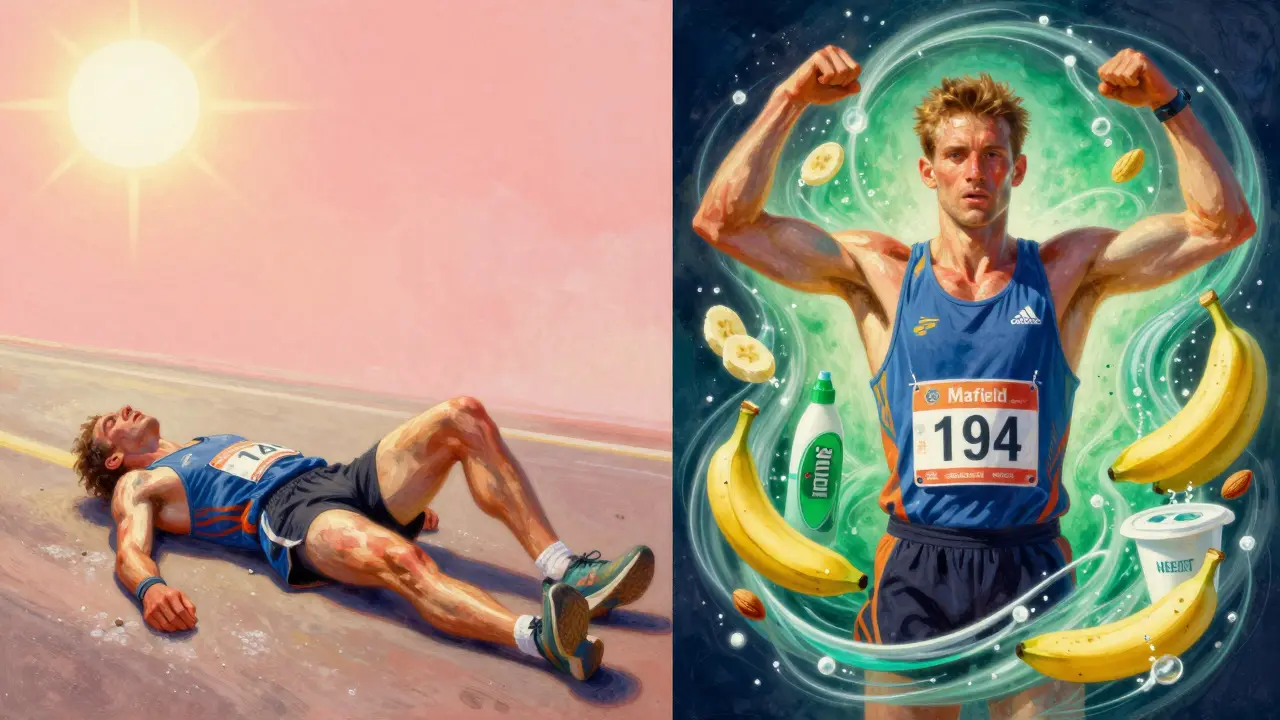 Atleta stanco a sinistra e rigenerato a destra, circondato da cibi naturali e correnti di elettroliti in luce eterea.