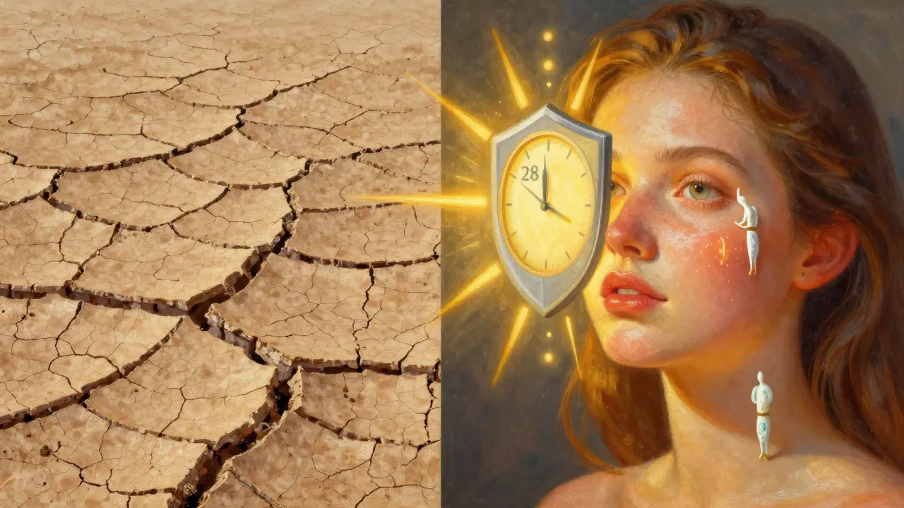 Confronto tra pelle secca e sana con raggi UV respinti e ingredienti che la riparano.