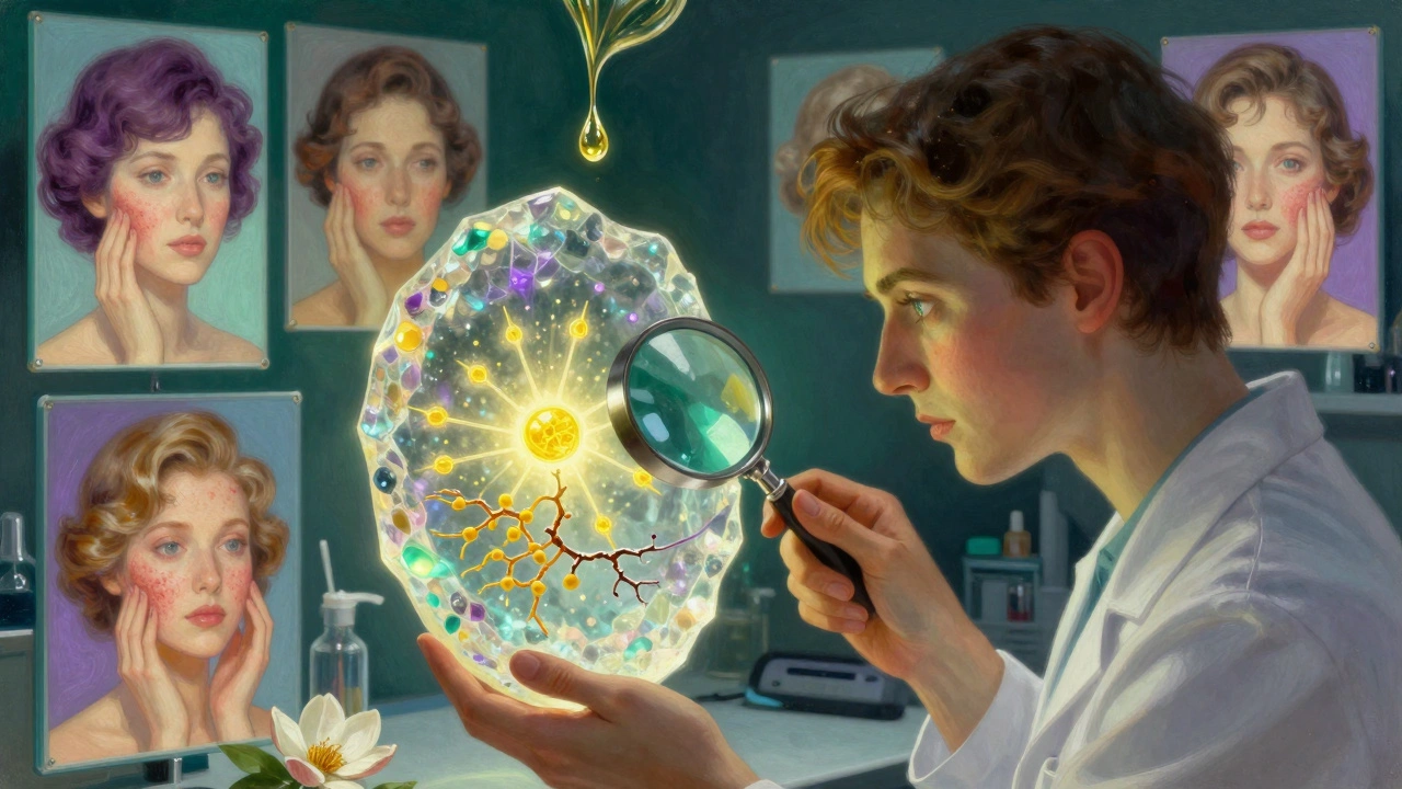 Dermatologo che osserva biomarcatori della pelle in un laboratorio con tonalità cromatiche ricche.