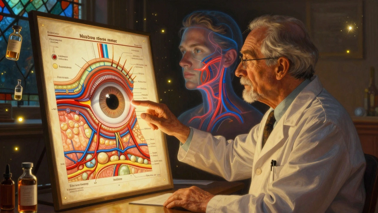 Dermatologo che spiega la struttura degli occhi con diagramma luminoso.