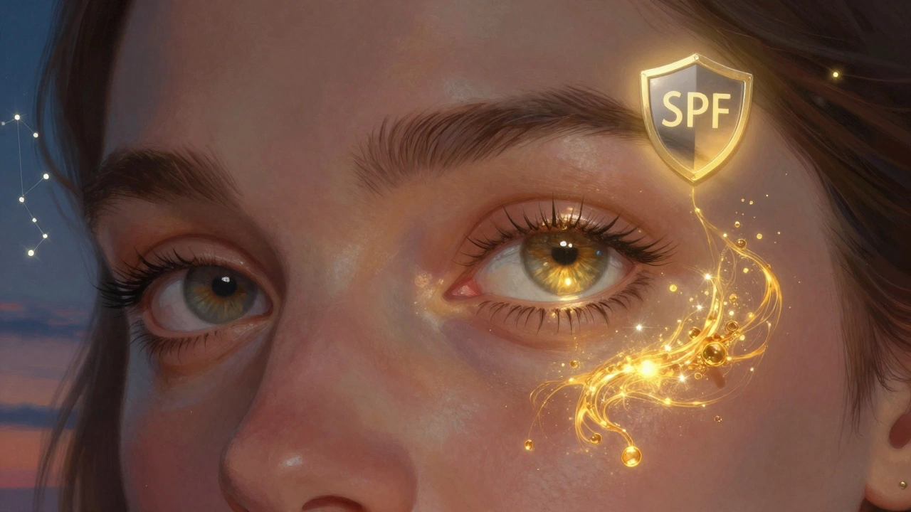 Dettaglio del contorno occhi che mostra la trasformazione dalle rughe alla pelle rigenerata, con particelle luminose di attivi.