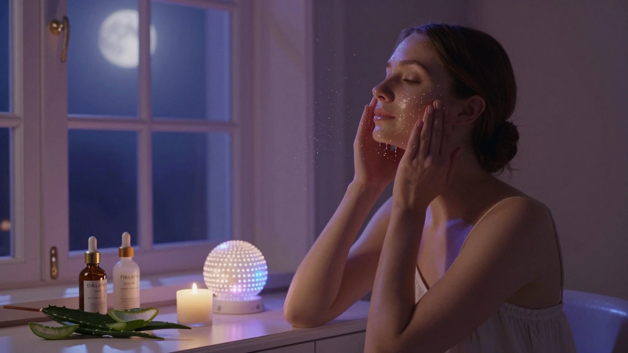 Donna che applica il micro-peeling di notte, con luce lunare e particelle brillanti.