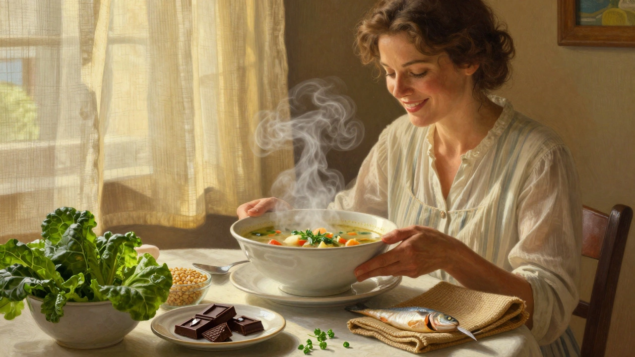 Donna che mangia zuppa di verdure in un ristorante toscano, con luce calda e erbe fresche intorno.