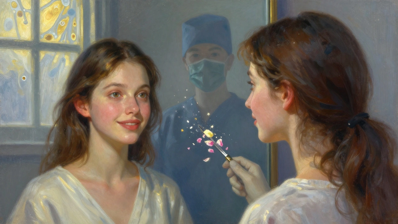 Donna davanti allo specchio con contorni oculari lisci e luce dorata.