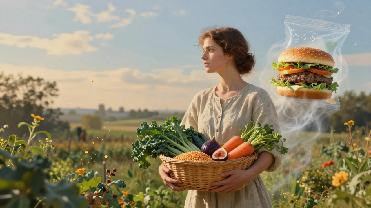 Donna in giardino con cibi interi, mentre un burger vegano industriale svanisce nella nebbia.