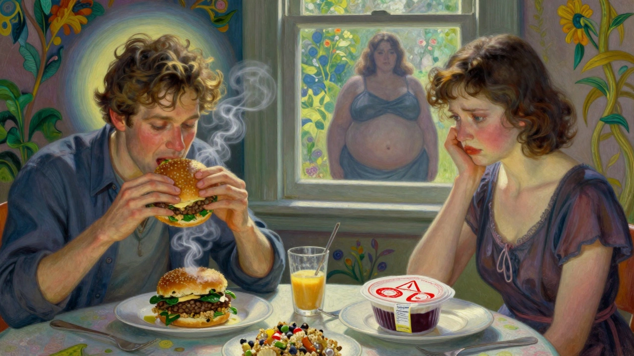 Due persone a cena: una con cibo sano e luminoso, l&#039;altra con snack industriali e ombra corporea.