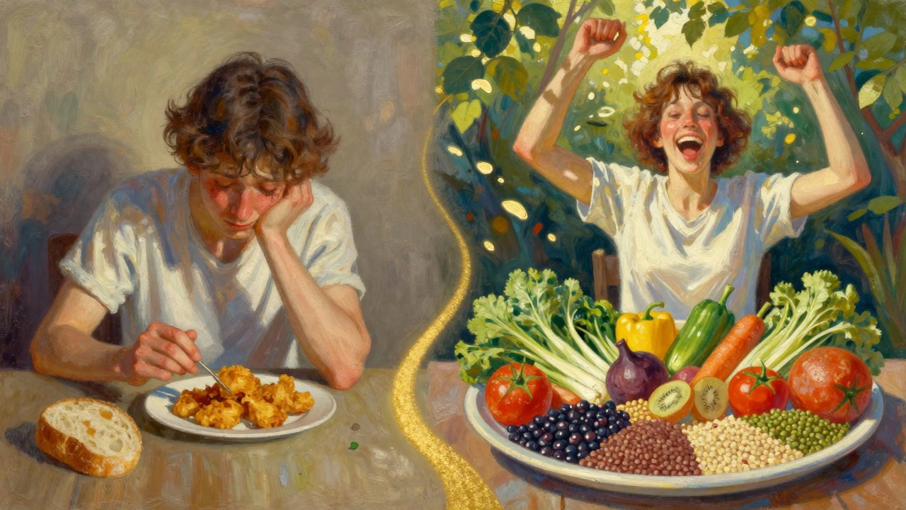 Due versioni della stessa persona: una affamata con cibo fritto, l&#039;altra felice con piatto ricco di vegetali.