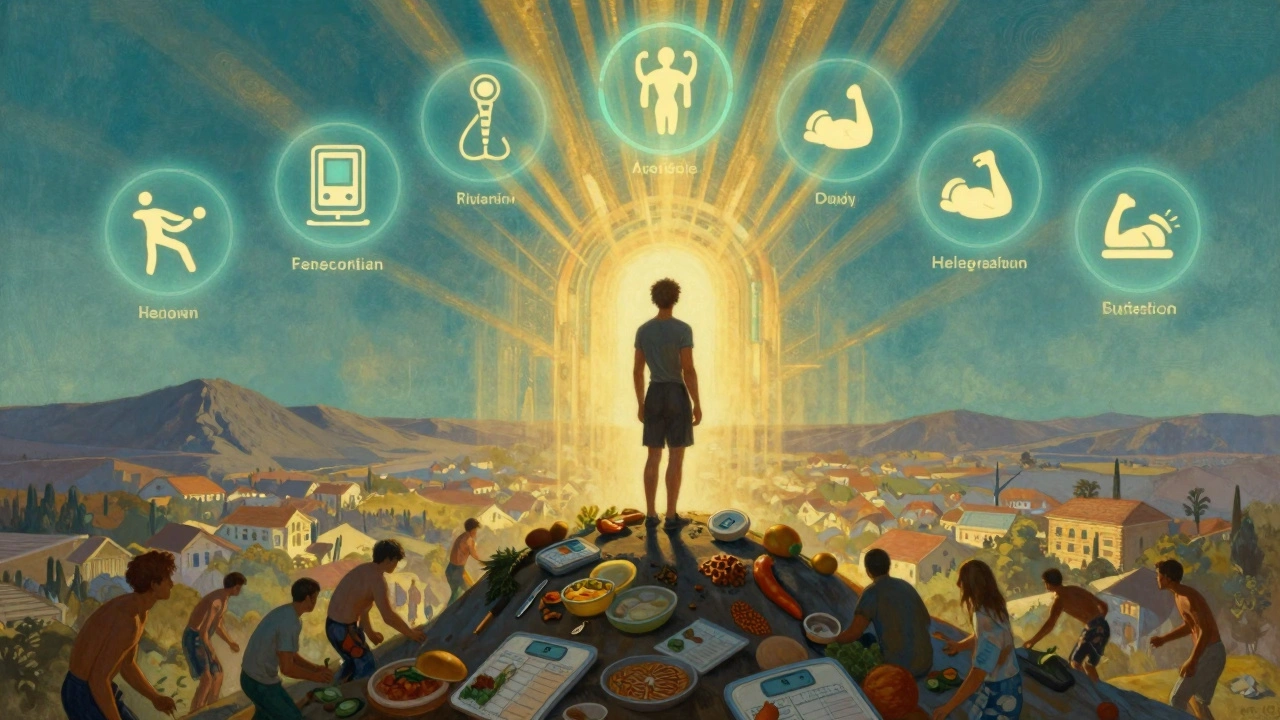 Figura su una montagna di diete fallite, con un portale di rinnovo metabolico luminoso.