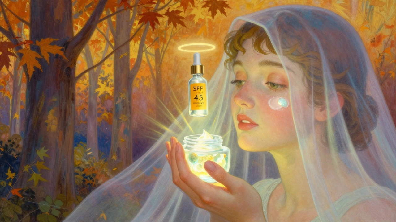 Mano che applica una crema con ingredienti che emettono luce, mentre raggi solari si dissolvono tra alberi autunnali.