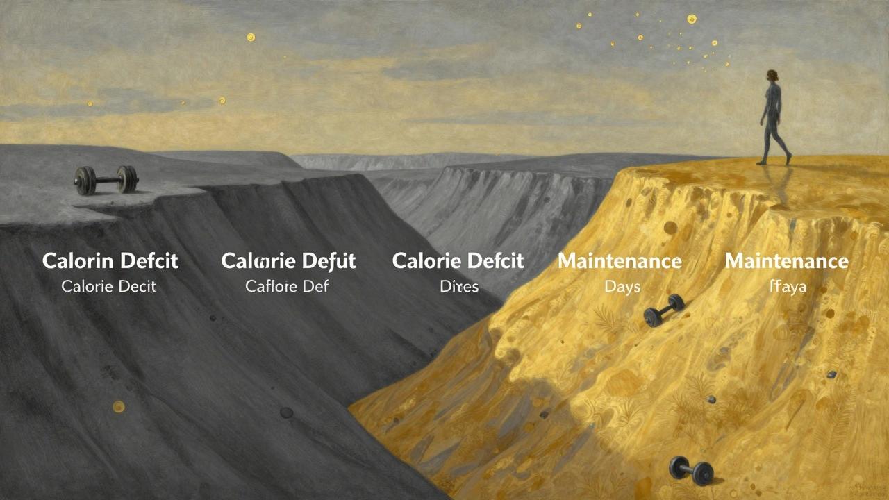 Paesaggio settimanale con giorni di deficit e mantenimento in toni grigi e dorati.