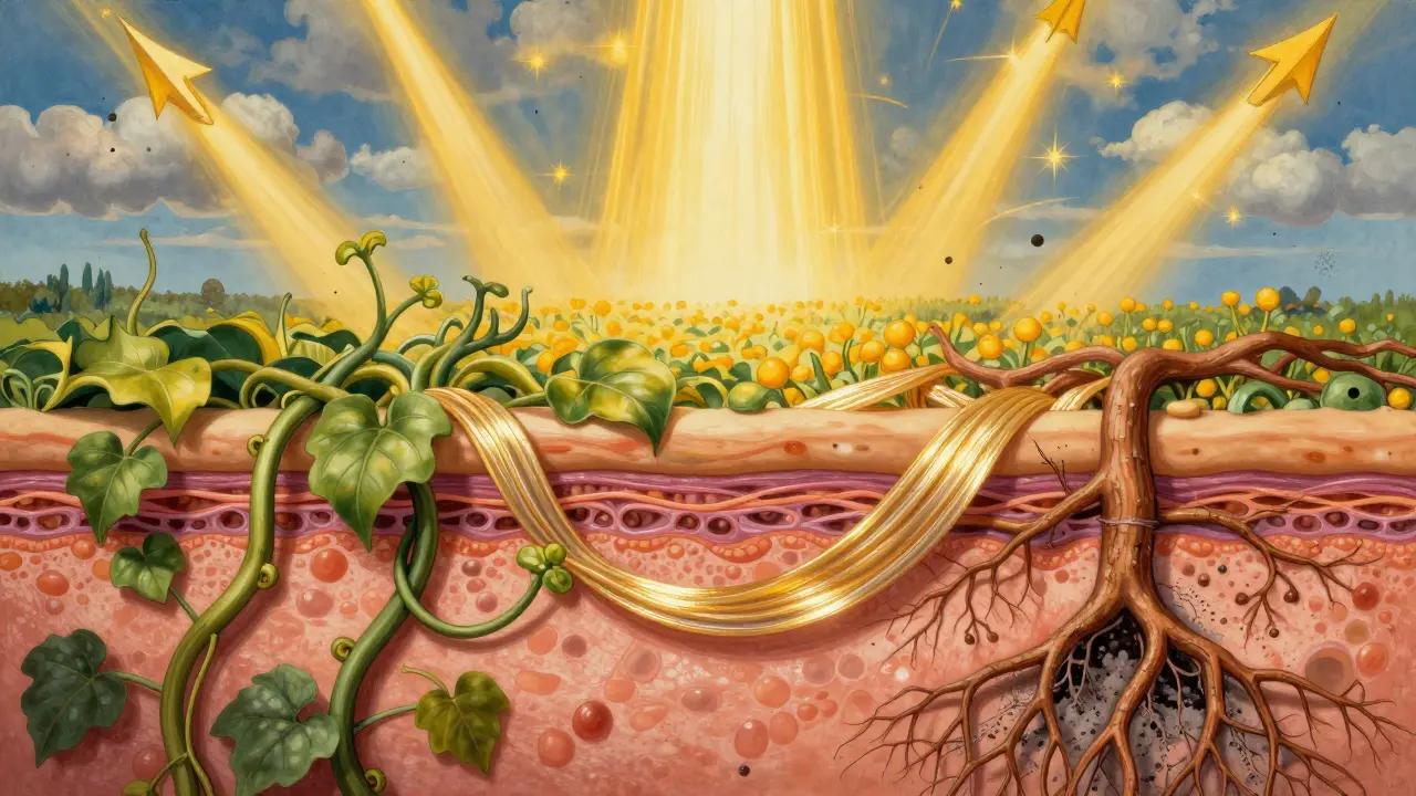 Paesaggio simbolico della pelle come giardino sotto raggi UV e inquinamento, in stile Maxfield Parrish.