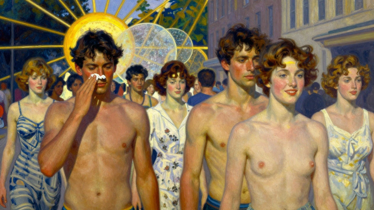 Persone in strada con pelle opaca al sole, protezione solare invisibile che blocca i raggi UVA/UVB.