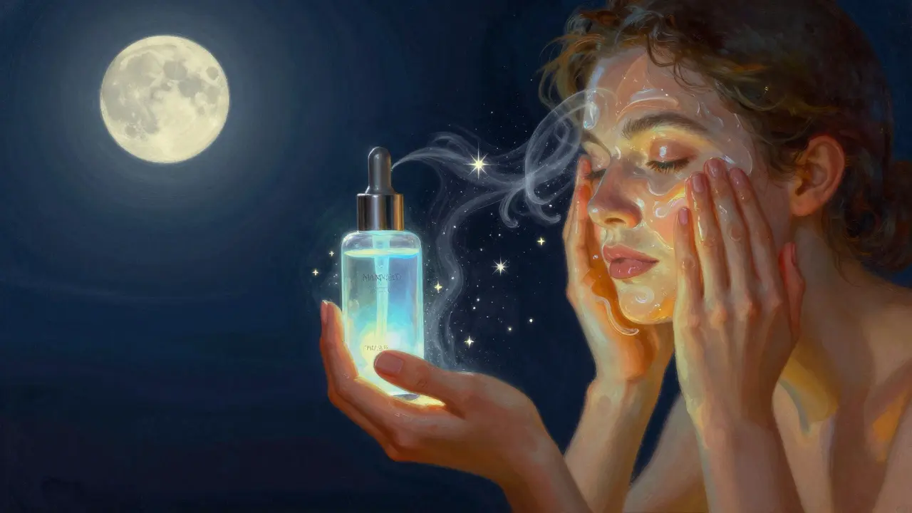 Rituale serale con doppia detersione e siero retinolo che emana luce blu sotto la luna.