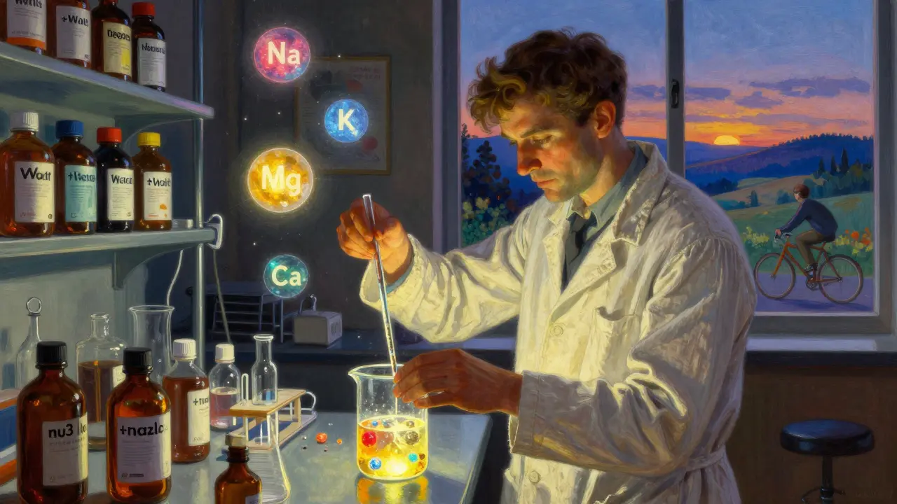 Scienziato che misura minerali in un laboratorio, con simboli chimici fluttuanti e bottiglie di integratori sullo sfondo.