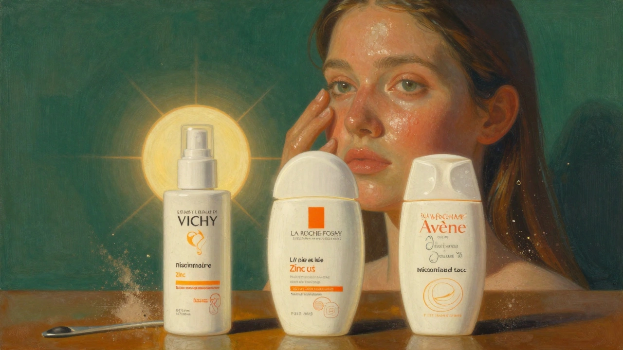 Tre flaconi di SPF su una scrivania, con ingredienti attivi che brillano e una faccia che perde la lucidità.