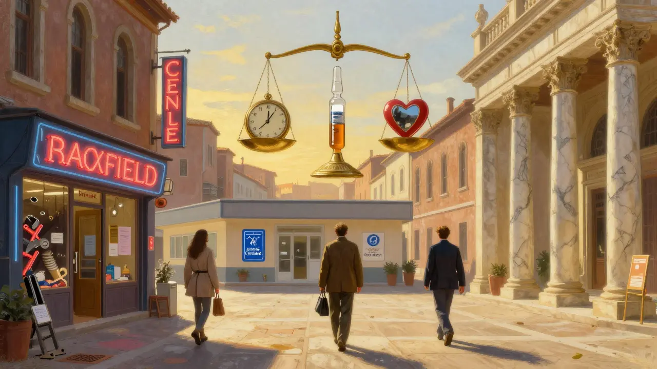 Tre persone che lasciano cliniche diverse in una piazza italiana, con bilancia simbolica sopra.