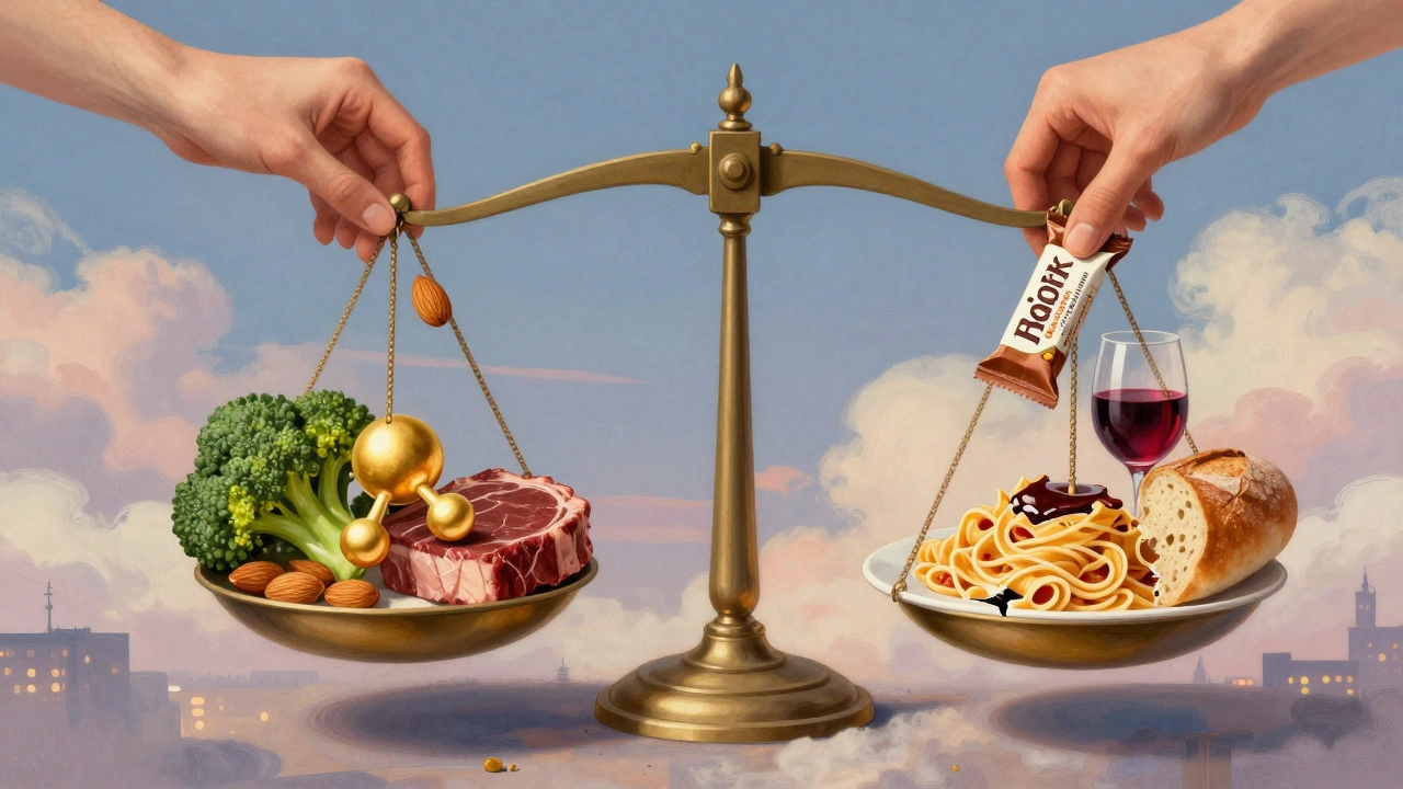 Una bilancia simbolica con cibi chetogenici da un lato e carboidrati dall&#039;altro, in un paesaggio onirico.