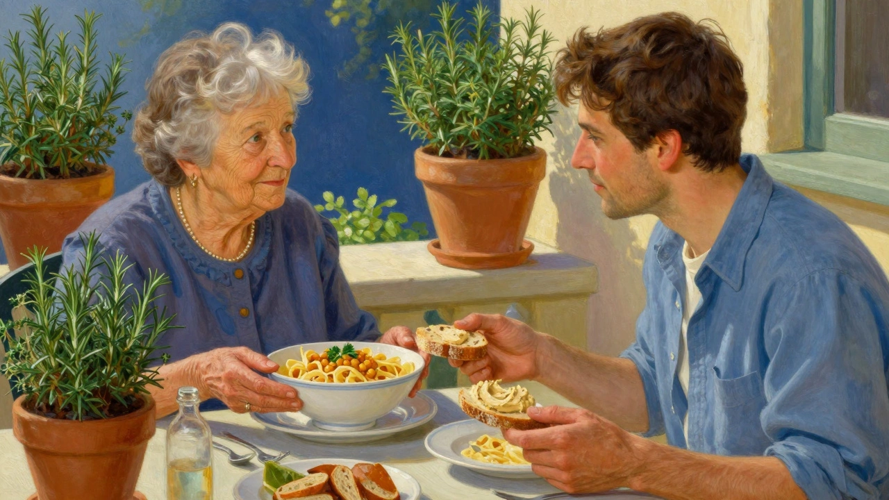 Una donna anziana e un giovane condividono un pasto a base di pasta con ceci e pane integrale.