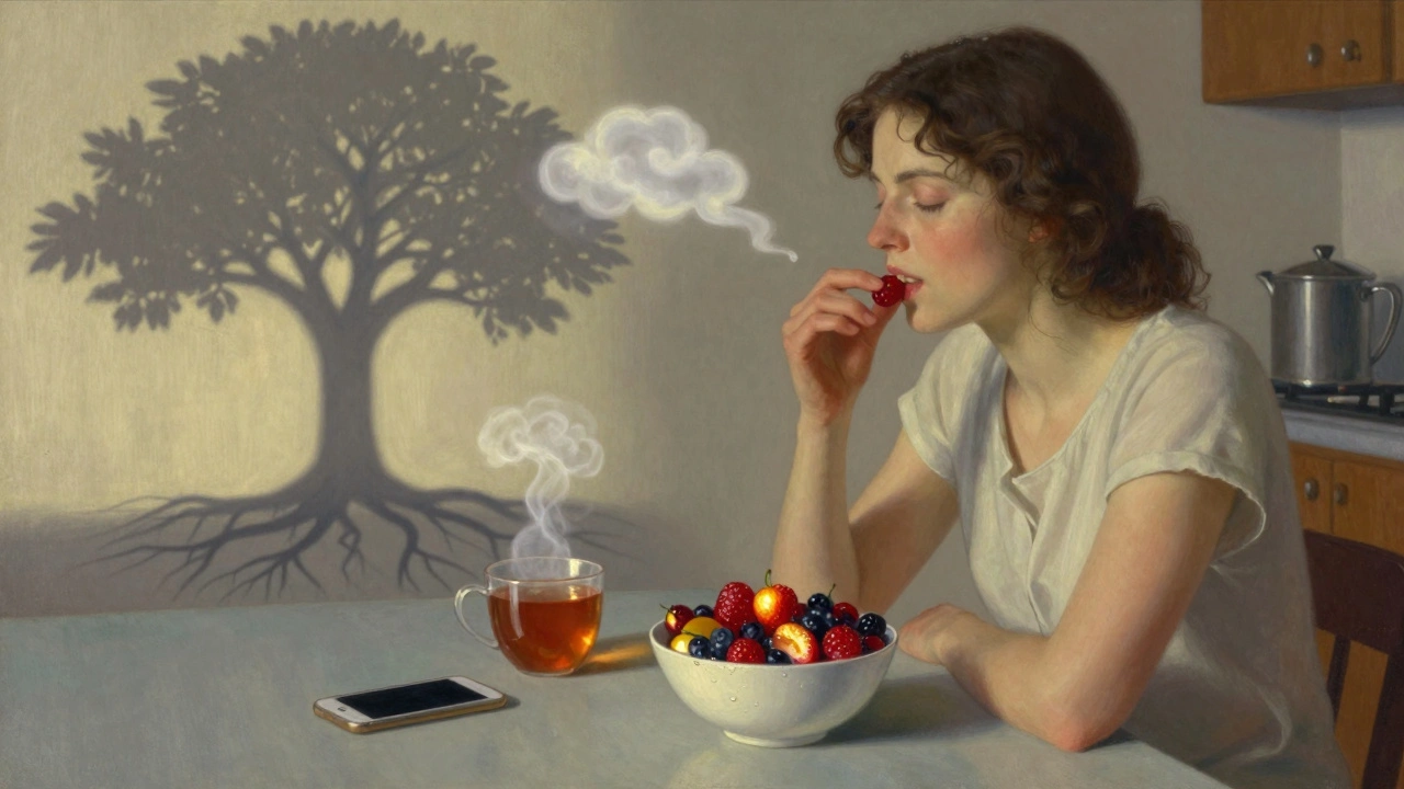 Una donna che mastica lentamente della frutta, con elementi magici che simboleggiano la consapevolezza.