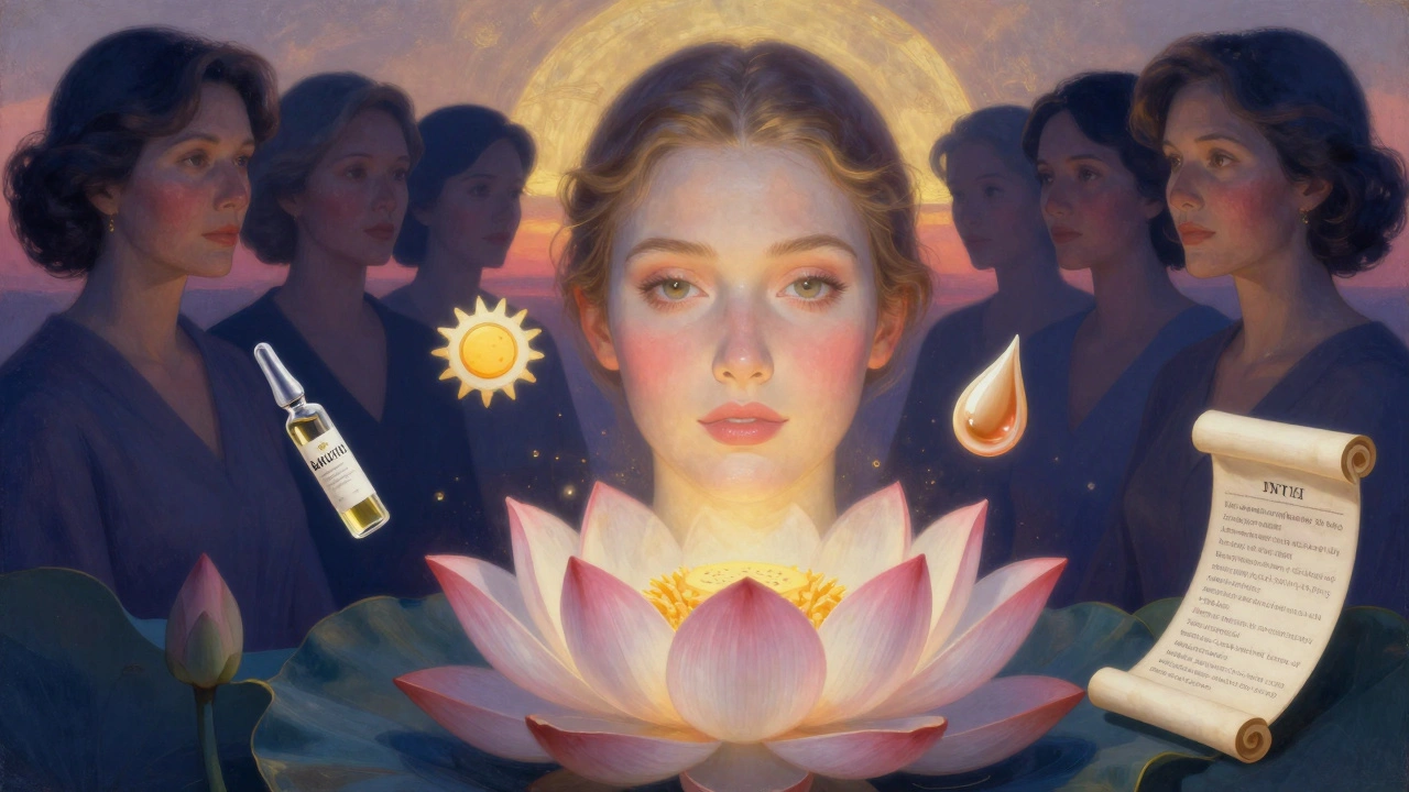 Una donna emerge da un fiore di loto, circondata da ingredienti per la cura degli occhi, in una luce celestiale.