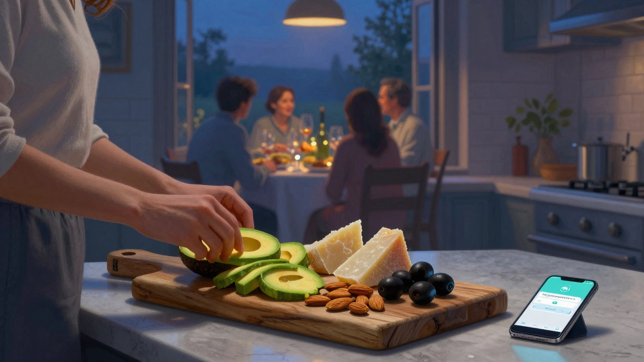 Una donna prepara uno snack chetogenico a casa, con formaggi e mandorle, mentre si vede una festa in lontananza.