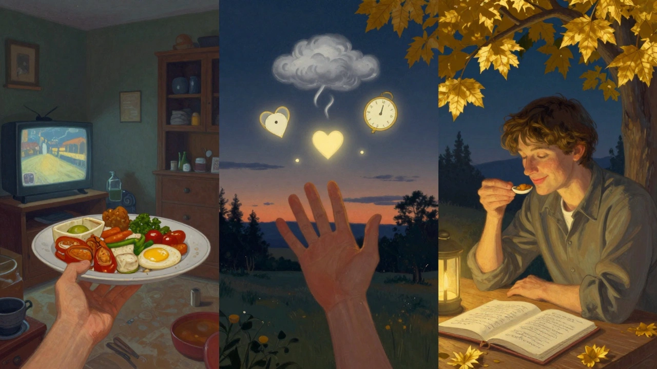 Una scena a tre fasi che mostra il passaggio dal mangiare automatico a quello consapevole.