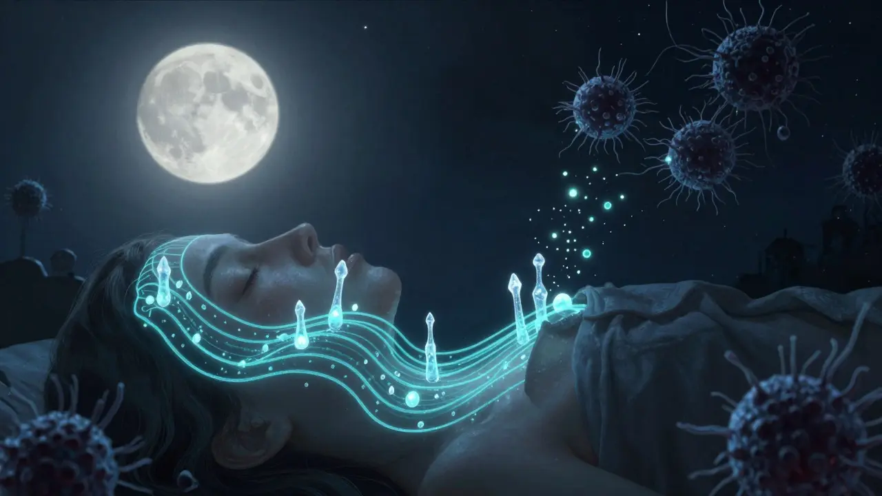 Volto addormentato illuminato dalla luna, con cellule che si riparano e particelle senolytiche che agiscono, in stile Maxfield Parrish.