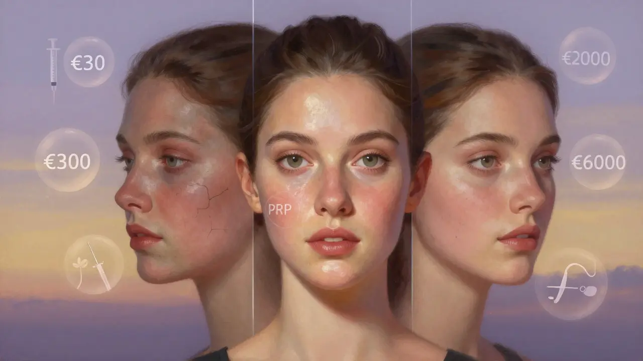 Volto diviso in tre stadi di rigenerazione con simboli dei costi fluttuanti intorno.