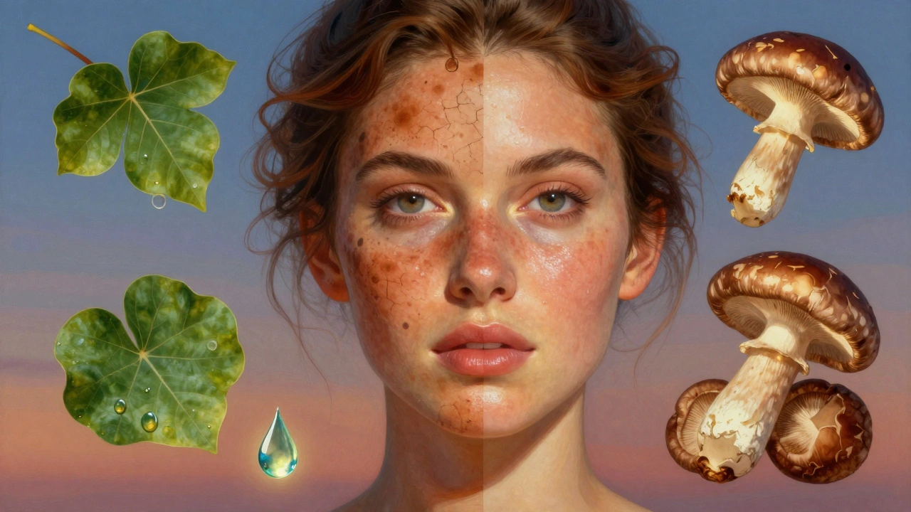 Volto diviso tra danni estivi e pelle riparata in autunno, con ingredienti naturali fluttuanti in un cielo crepuscolare.