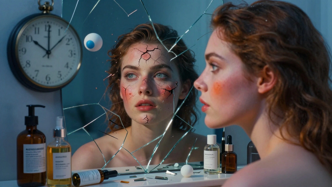 Volto diviso tra pelle irritata e sana, con frammenti di prodotti cosmetici ai piedi.