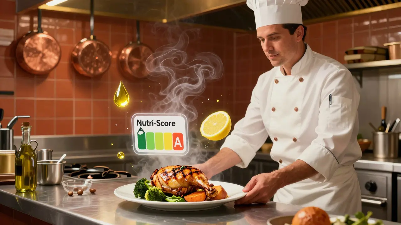 Chef prepara un piatto sano con verdure e proteine, mentre un etichetta nutrizionale A brilla sopra di esso.