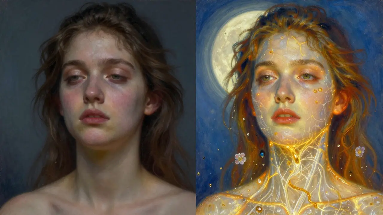 Confronto simbolico tra viso stanco e viso radioso, con reti di luce che collegano il viso al collo, in stile pittorico onirico.