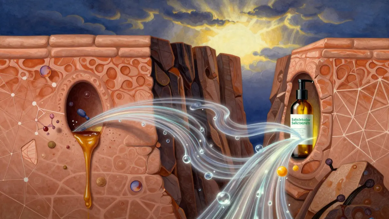 Diptico di un poro ostruito e pulito, con flussi luminosi di ingredienti attivi che scorrono attraverso strati di pelle.