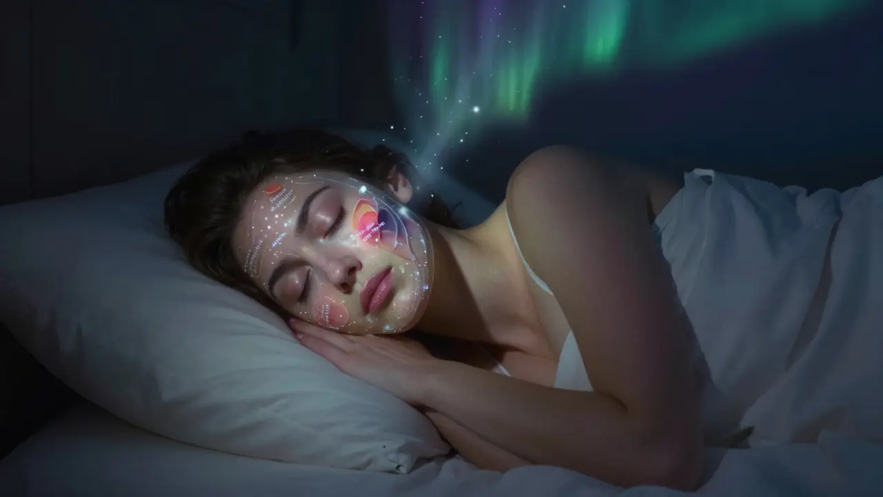 Donna addormentata con un alone di luce che rappresenta l'assorbimento notturno dei prodotti sulla pelle.