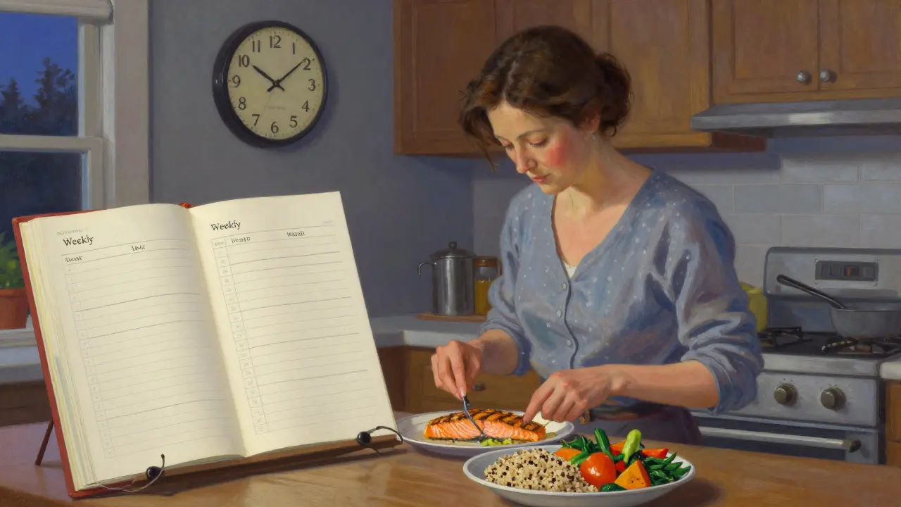 Donna che prepara un pasto bilanciato in cucina al crepuscolo, con un diario aperto.