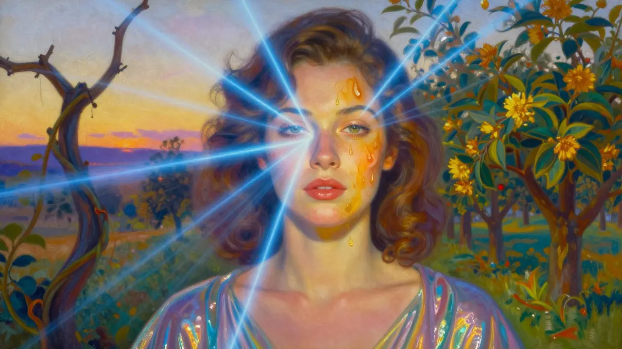 Donna con luce dorata e blu che rigenera la pelle delle labbra, sfondo simbolico di vita e rinascita.