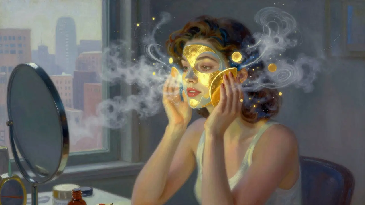 Donna con viso radioso protetto da scudi luminosi contro inquinamento e luce blu, in un contesto urbano nebbioso.