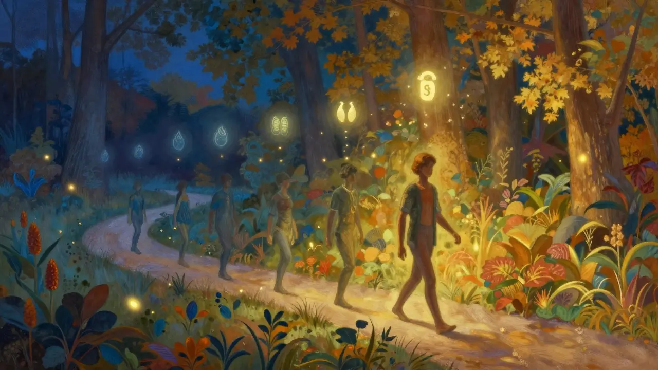 Figura che cammina su un sentiero che passa dal blu al oro, simbolo di recupero metabolico.