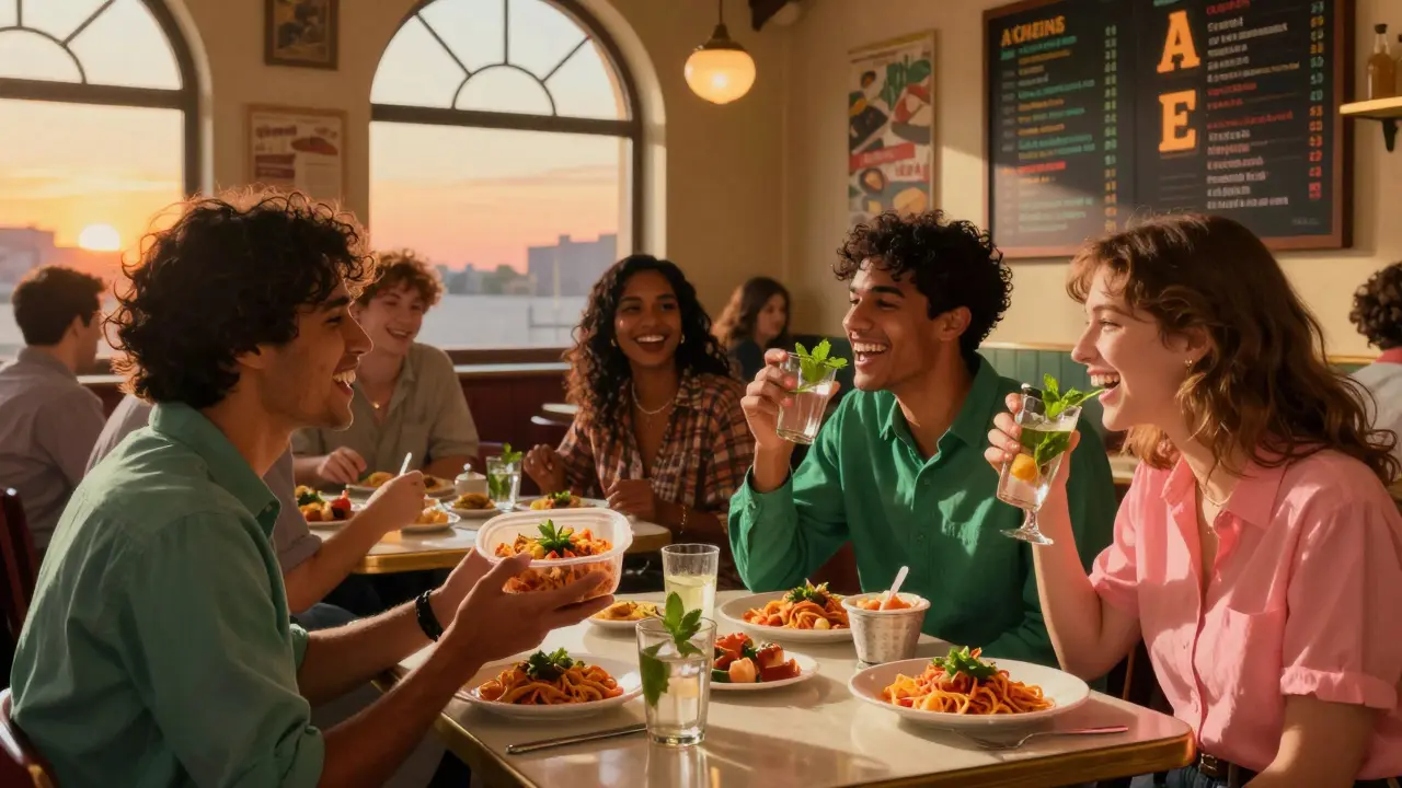 Gruppo di amici in un ristorante italiano che condivide pasti sani e beve acqua, con menu nutrizionali visibili sullo sfondo.