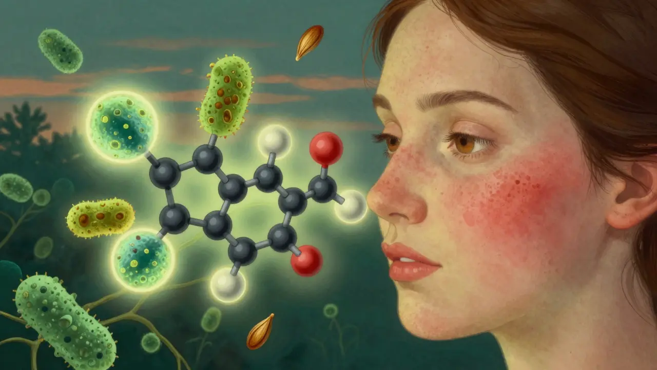 Illustrazione scientifica stilizzata di molecole di neem che combattono batteri dell'acne e rigenerano la pelle.