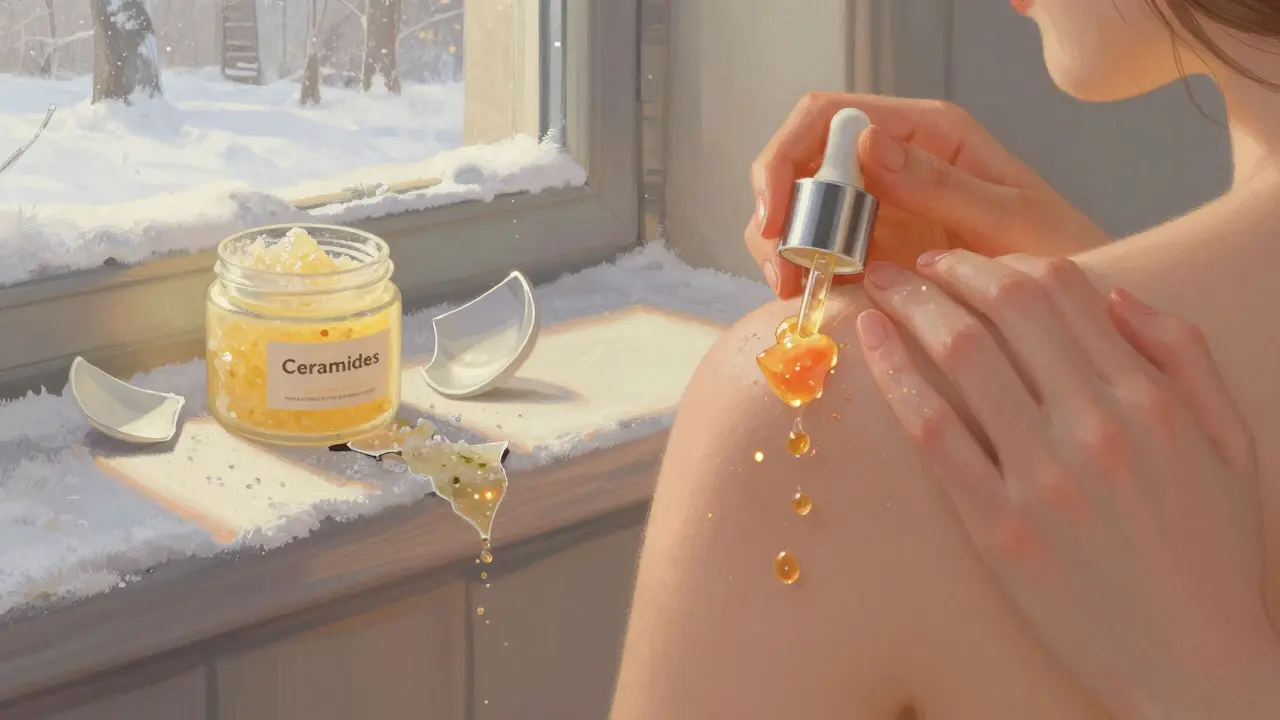 Mano che applica un siero su pelle invernale, con enzimi fruttali che rimuovono squame, mentre uno scrub di zucchero è rotto sul davanzale.