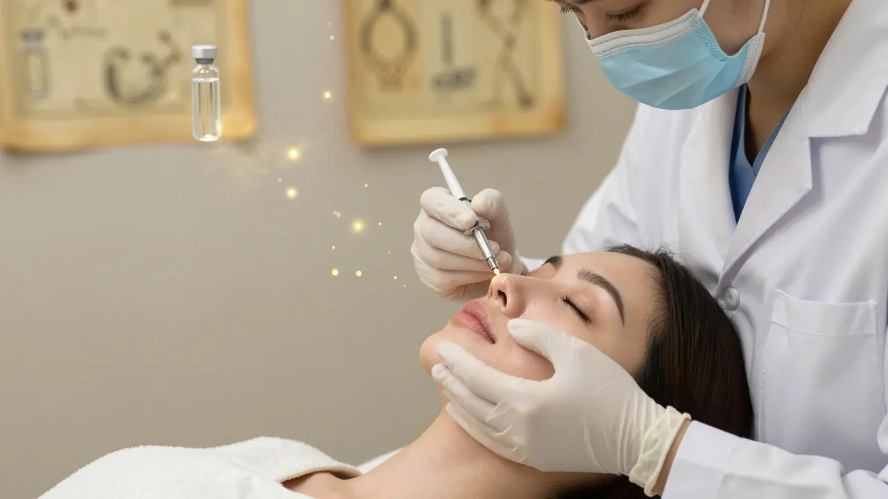 Medico che inietta filler con precisione sotto il labbro superiore, particelle di collagene fluttuano intorno.