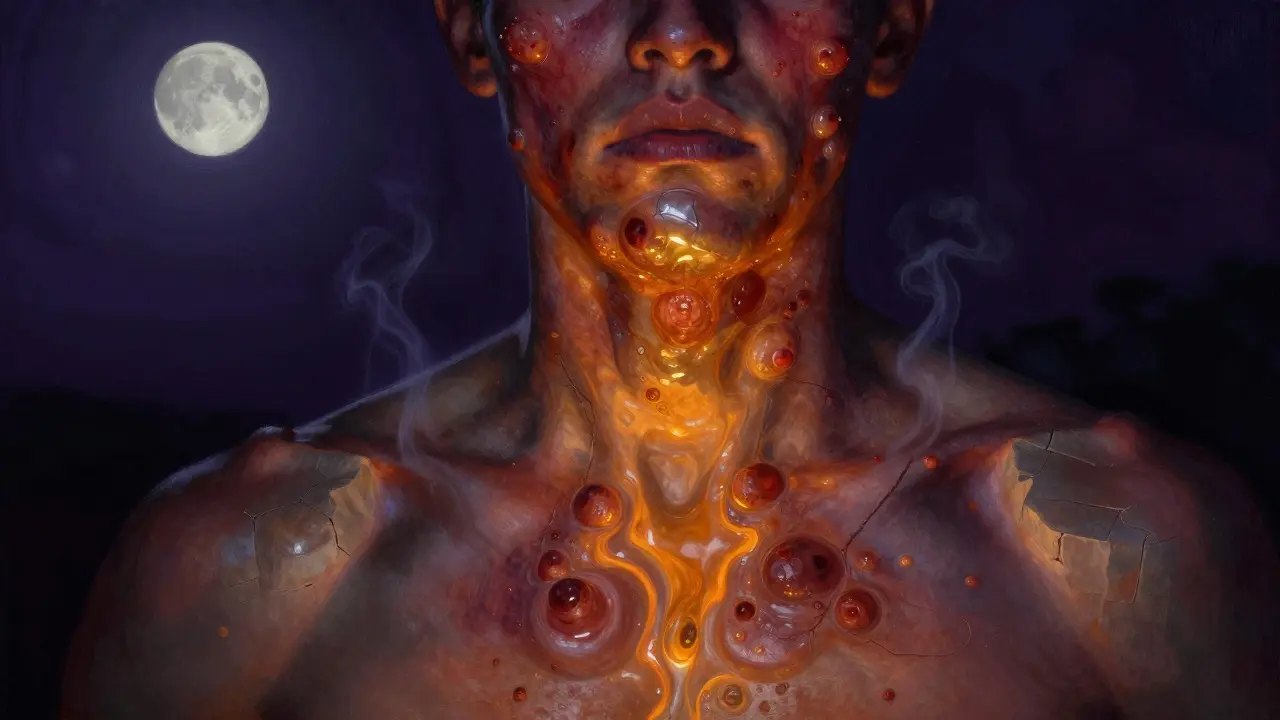 Noduli profondi sotto la pelle sul mento e petto, luce lunare e ombre violacee, atmosfera drammatica.